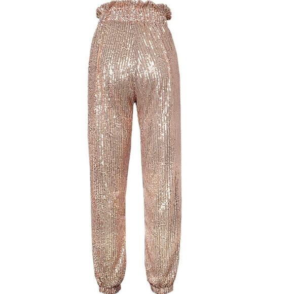 NWOT ALLUMK Glitter Sequin High Waist Drawstring  Dress Pants Rose Gold Large - Picture 3 of 8